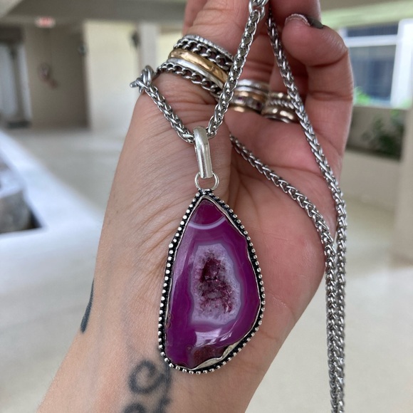 925 sterling silver overlay charm pink geode agate slice gemstone boho necklace - Picture 11 of 11